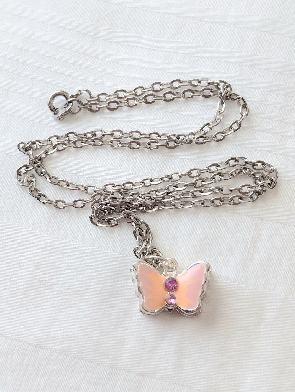 Silver Pink Butterfly Necklace Rhinestone